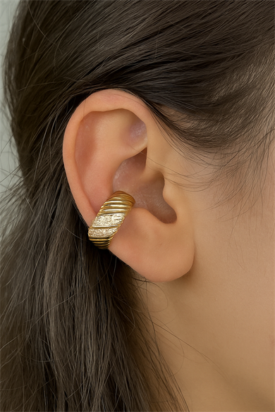 Altın Renk Taş Detaylı 14K Altın Kaplama TX Ear Cuff (Tek)
