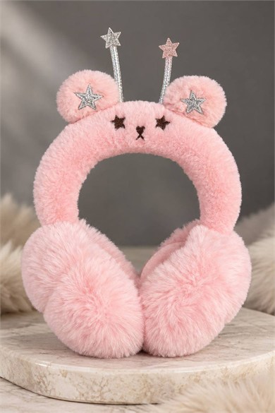 Pembe Renk Ayıcık Figürlü Yıldız Detaylı  Peluş Kulaklık