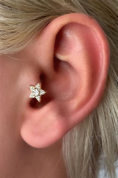 Altın Renk Yıldız Figürlü Taş Detaylı Çelik Tragus/Kıkırdak Küpe/Piercing (Tek)