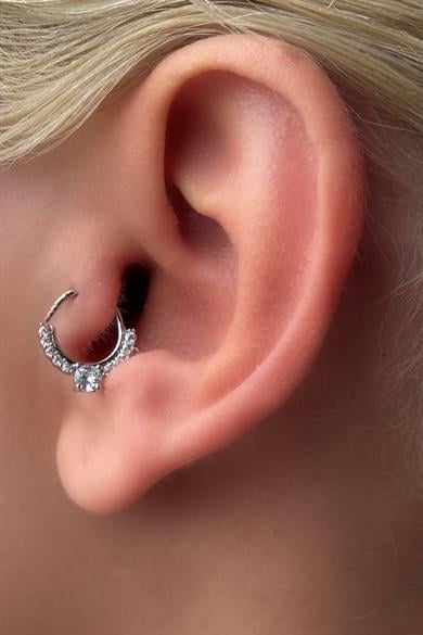 Gümüş Renk Taş Detaylı Çelik Halka Tragus/Kıkırdak Küpe/Piercing (Tek)