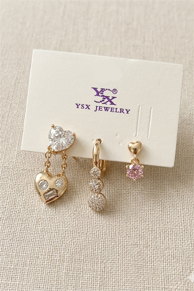 Altın Renk Taş Detaylı 3lü YSX Küpe Set