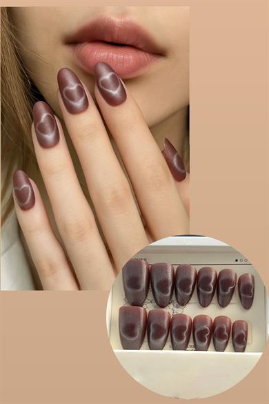 12li Bordo Renk Kalp Desenli Takma Tırnak Set (Yapıştırıcılı)