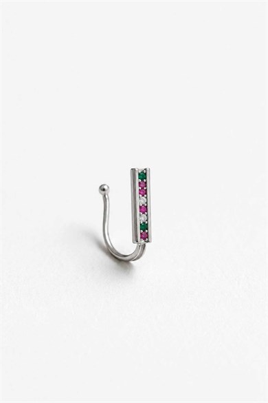 Gümüş Renk Taş Detaylı Cerrahi Çelik Deliksiz Kulak/Burun Piercing 