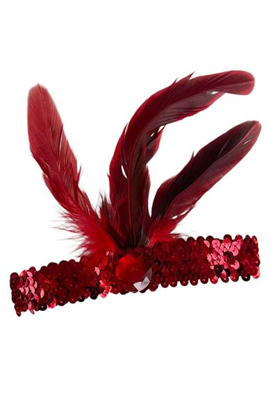 Kırmızı Renk Tüy Figürlü Charleston Saç Bandı