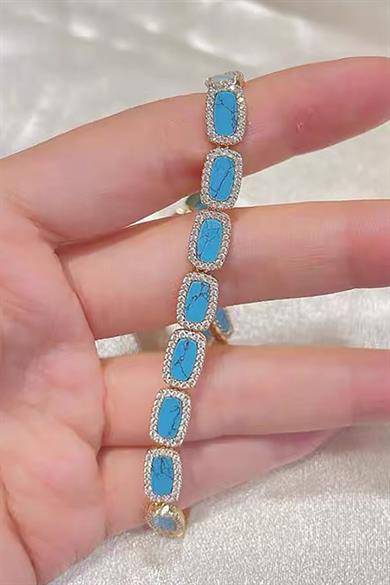 Altın Renk Mavi Taş Detaylı 14K Altın Kaplama VİP Bileklik