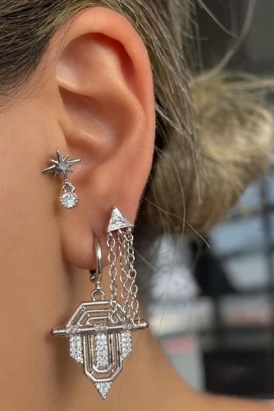 Gümüş Renk Taş Detaylı 3lü YSX Küpe Set