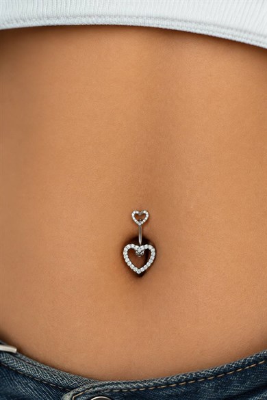 Gümüş Renk Kalp Figürlü Taşlı Cerrahi Çelik Göbek Piercing