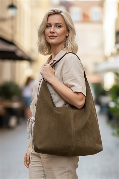 Haki Renk Büyük Boy Süet Kadın Çanta