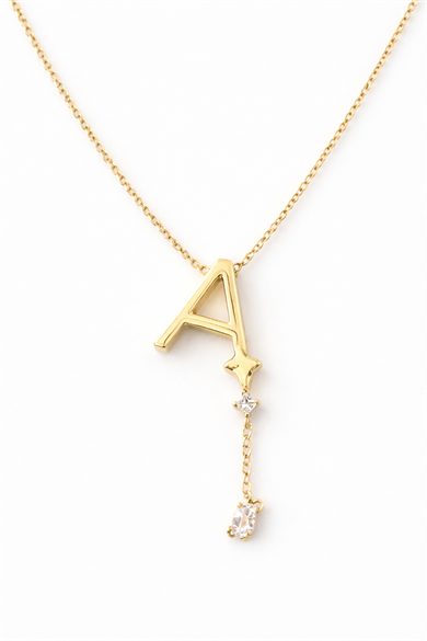 Altın Renk A Harfli Taş Detaylı Çelik Kolye