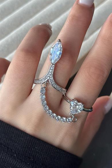 Gümüş Renk Taş Detaylı Ayarlanabilir İkili Çelik Yüzük