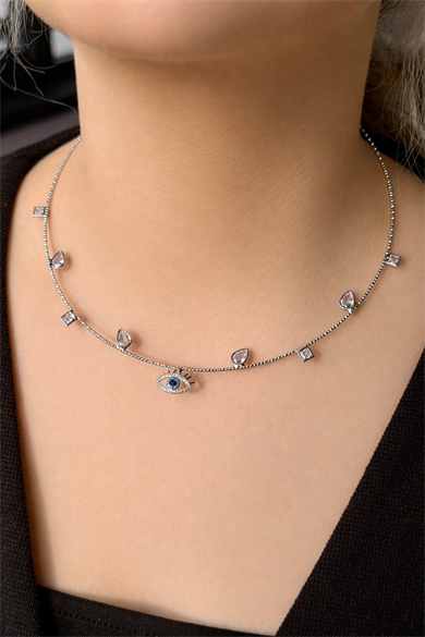 Gümüş Renk Göz Figürlü Taş Detaylı Choker Kolye