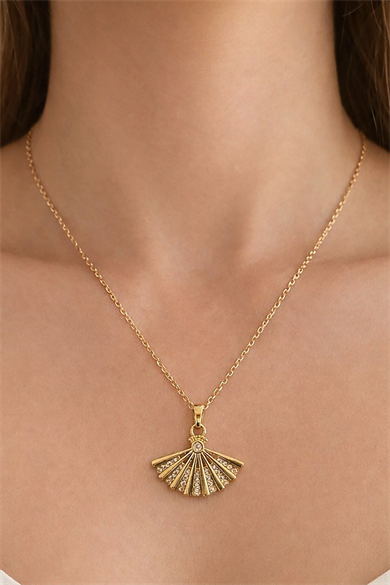 Altın Renk Yelpaze Figürlü Çelik Kolye