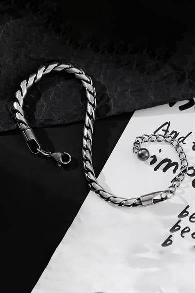 Antrasit Renk Zincir Detaylı Çelik Erkek Bileklik