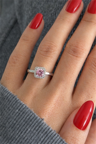 Gümüş Renk Pembe Taşlı Baget Yüzük (Ayarlanabilir)