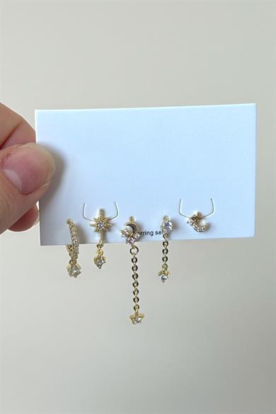 Altın Renk Karışık Figürlü Taş Detaylı 5li Küpe Set