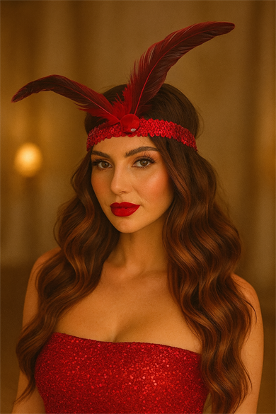 Kırmızı Renk Tüy Figürlü Charleston Saç Bandı