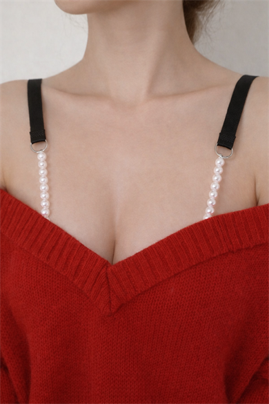 Siyah Renk İnci Detaylı Sütyen Askısı