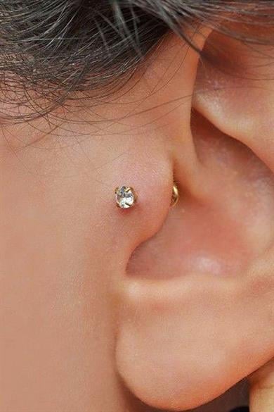 Altın Renk Taş Detaylı Çelik Tragus/Kıkırdak Küpe/Piercing (Tek)