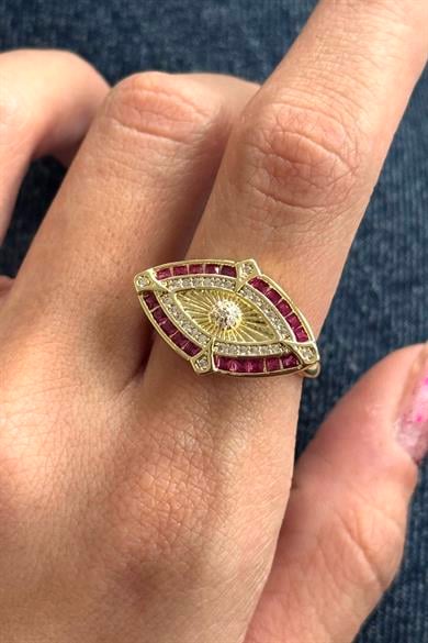 Altın Ve Pembe Renk Göz Detaylı 14K Altın Kaplama Ayarlanabilir Yüzük