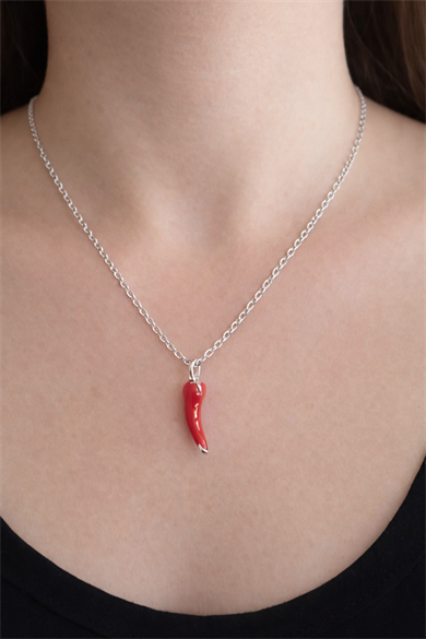 Gümüş Renk Biber Figürlü Çelik Şans Kolyesi