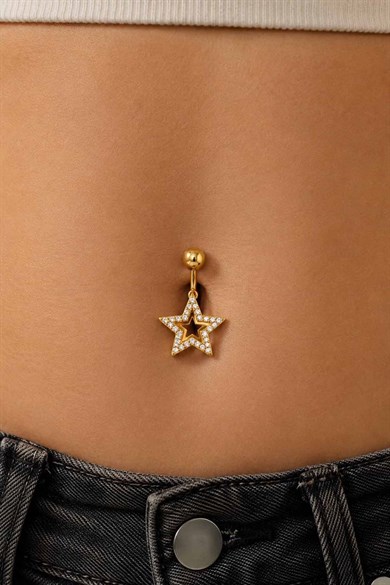 Altın Renk Yıldız Figürlü Taşlı Cerrahi Çelik Göbek Piercing