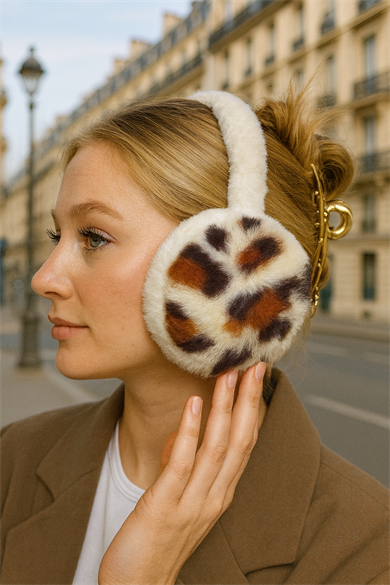 Krem Renk Leopar Detaylı Peluş Kulaklık