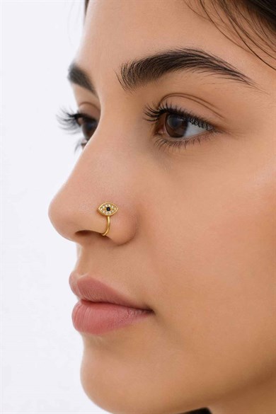 Altın Renk Göz Figürlü Taş Detaylı Cerrahi Çelik Deliksiz Kulak/Burun Piercing 
