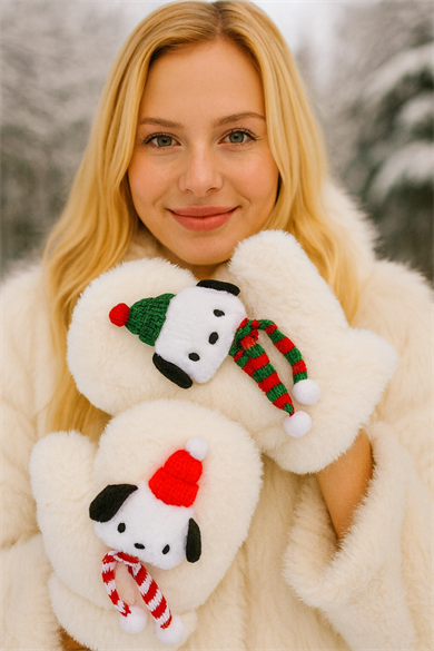 Krem Renk Köpek Figürlü Askılı Peluş Eldiven