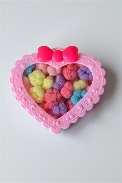 Pembe Renk Kalp Figürlü Kutu Lastik Toka Set