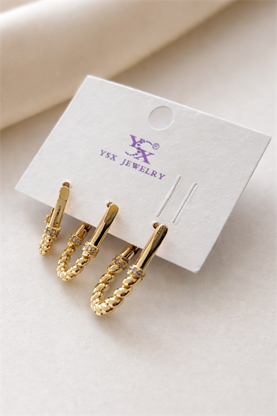 Altın Renk Burgu Detaylı 3lü YSX Küpe Set