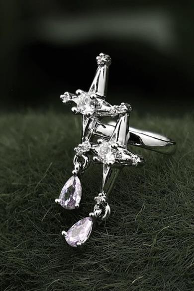 Gümüş Renk Yıldız Figürlü Taş Detaylı 14K Altın Kaplama TX Ear Cuff (Tek)