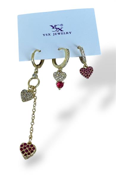 Altın Renk Taş Detaylı Kalp Figürlü Taş Detaylı 6lı YSX Küpe Set  