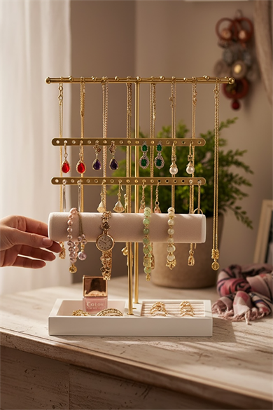 Altın Renk Üç Katlı Saat/Bileklik Takı Standı