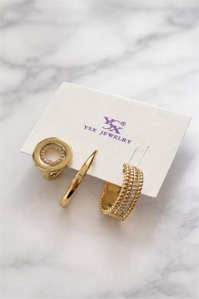 Altın Renk Halka Detaylı 3lü YSX Küpe Set