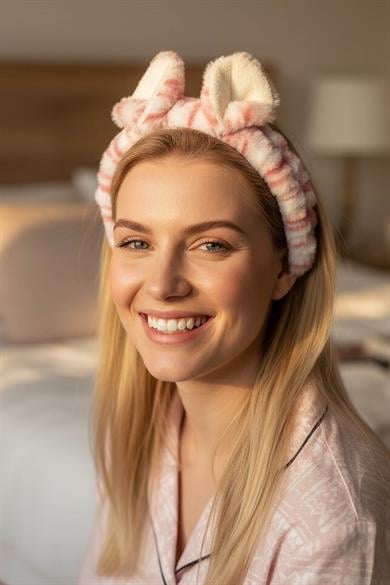 Beyaz Ve Pembe Renk Kulak Detaylı Peluş Saç Bandı