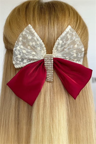 Bordo Renk Kurdele Figürlü Taş Detaylı Otomat Toka