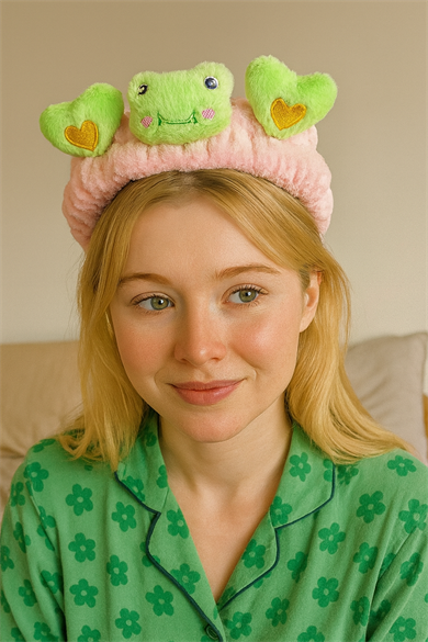 Açık Pembe Ve Yeşil Renk Kurbağa Figürlü Peluş Saç Bandı