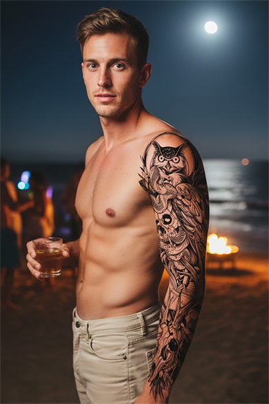 Geçici Baykuş Ve Kuru Kafa Figürlü Dövme Tattoo