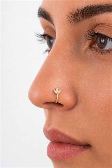Altın Renk Taş Detaylı Cerrahi Çelik Deliksiz Kulak/Burun Piercing 