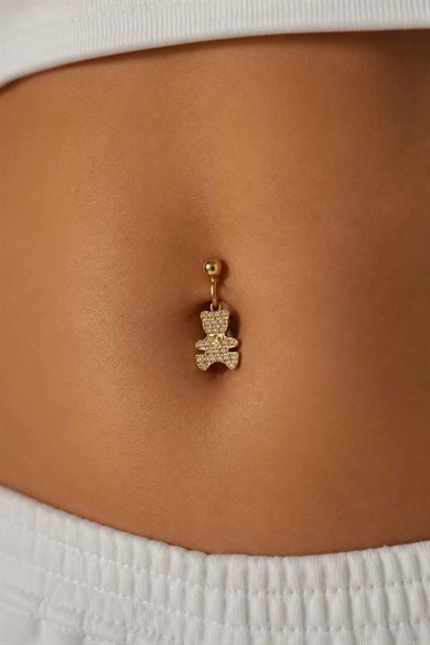 Altın Renk Ayıcık  Figürlü Taşlı Cerrahi Çelik Göbek Piercing