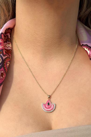 Altın Renk Pembe Mineli 14K Altın Kaplama Kolye