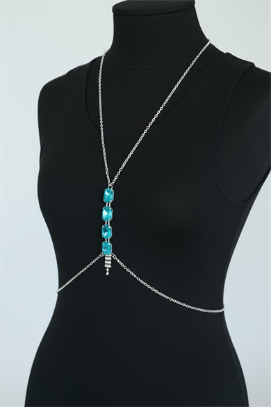 Gümüş Renk Mavi Taş Detaylı Vücut Aksesuarı