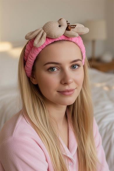 Fuşya Ve Bej Renk Tavşan Figürlü Peluş Saç Bandı