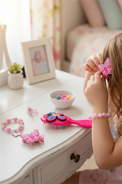 Fuşya Renk Kelebek Figürlü Tarak /Bileklik /Yüzük Ve Toka Set