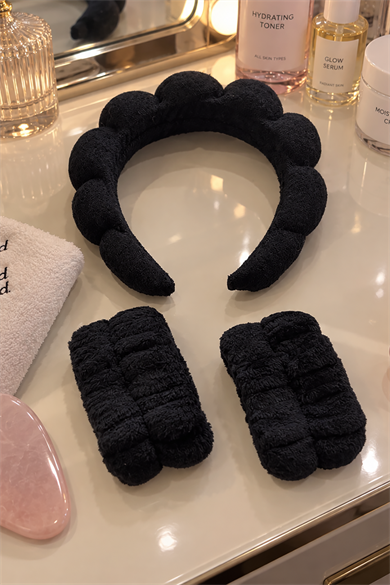 Siyah Renk Spa Taç Ve Peluş Su Emici Havlu Bileklik Set