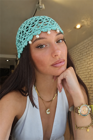 Turkuaz Renk İnci Detaylı Örgü Saç Bandana