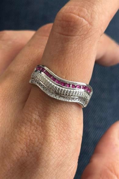 Gümüş Ve Pembe Renk Taş Detaylı 14K Altın Kaplama Ayarlanabilir Yüzük