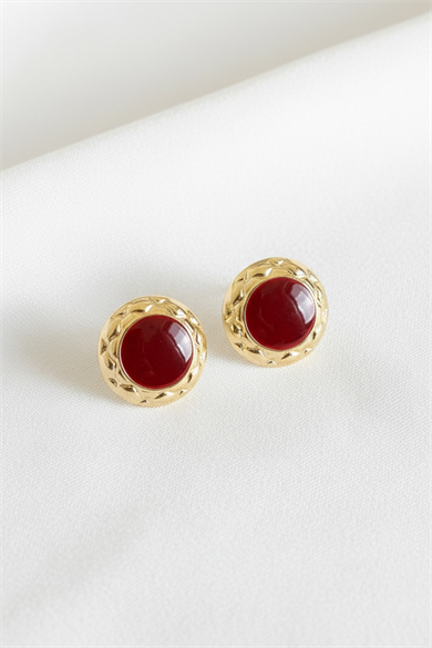 Altın Renk Bordo Mineli Küpe (Çift)