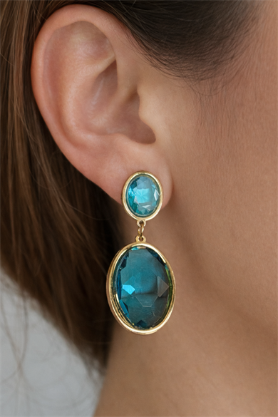 Altın Renk Mavi Taş Detaylı Çelik Küpe (Çift)