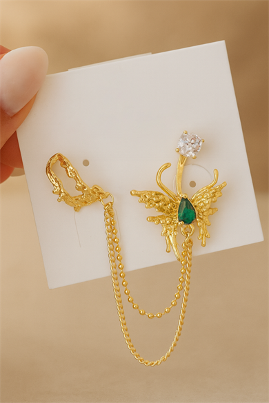 Altın Renk Kelebek Figürlü Taş Detaylı Ear Cuff Küpe Set